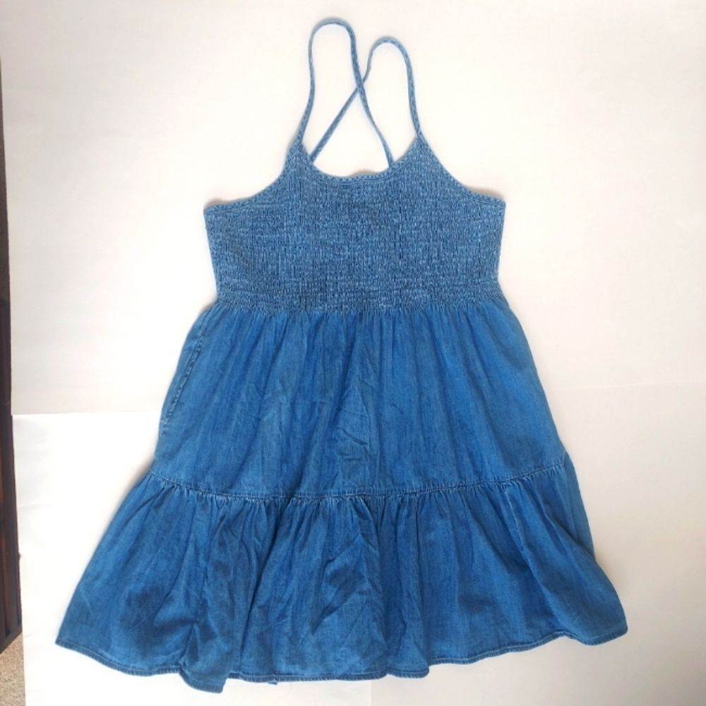 NWT Ladies Gap Blue Denim Cotton Adjustable Tank Dress W/Bottom Ruffle Size M